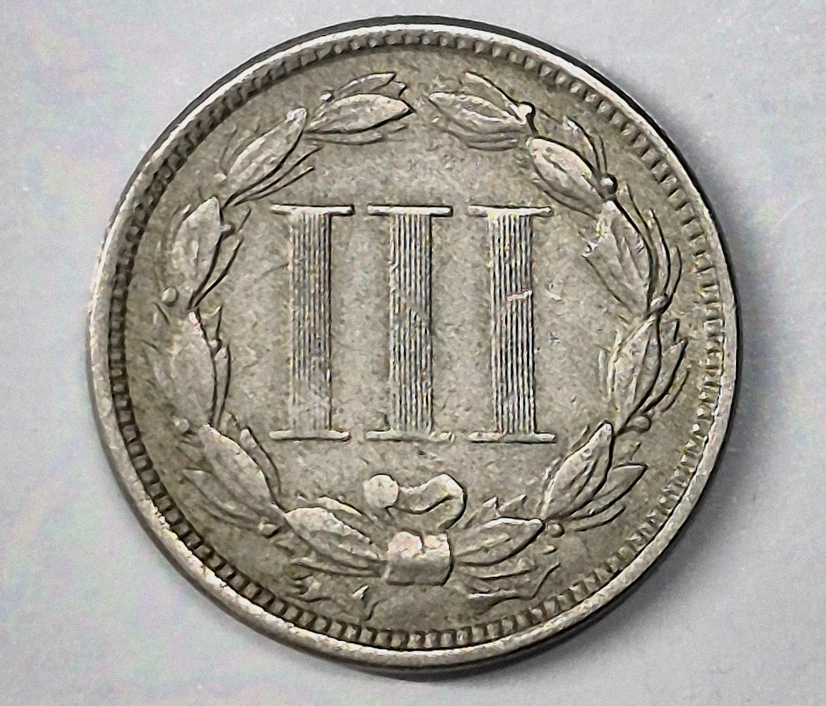 1865 First Year 3 Cent Nickel Very Fine Features Full Liberty & 90% Pillars