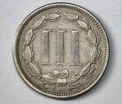 1865 First Year 3 Cent Nickel Very Fine Features Full Liberty & 90% Pillars
