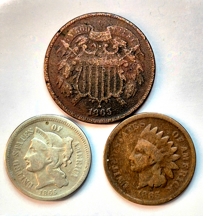 Cents of 1865, (1) Indian Head 1C, (1) Two Cent Pc. 2C (1) Liberty Three Cent 3C
