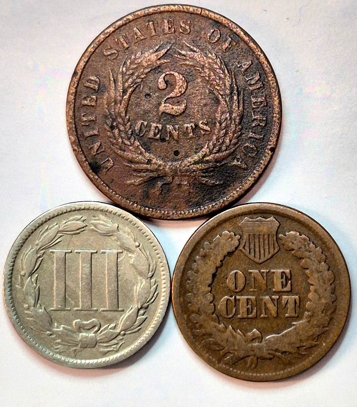 Cents of 1865, (1) Indian Head 1C, (1) Two Cent Pc. 2C (1) Liberty Three Cent 3C