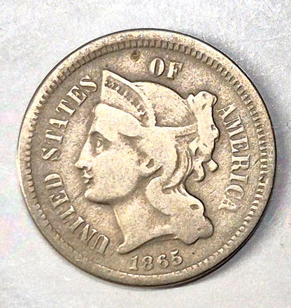 Cents of 1865, (1) Indian Head 1C, (1) Two Cent Pc. 2C (1) Liberty Three Cent 3C