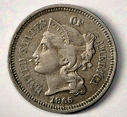 1865 First Year 3 Cent Nickel Extra Fine Features Full Liberty & 90% Pillars