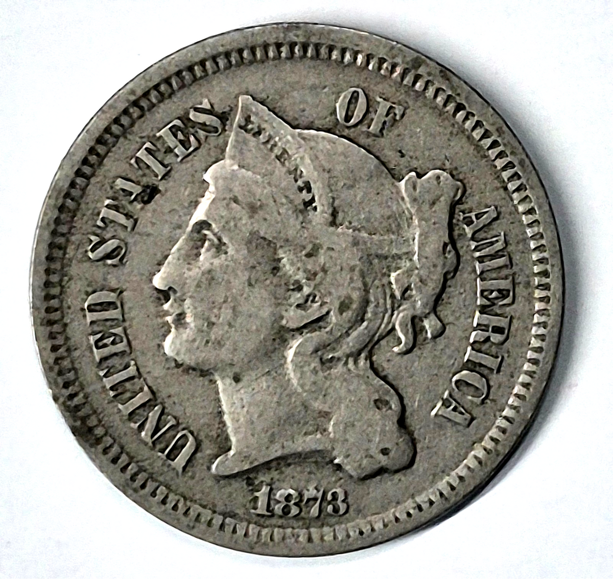 1873 3 Cent Nickel Very Good Features Closed "3" Full Liberty Partial Pillars