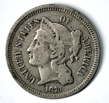 1873 3 Cent Nickel Very Good Features Closed "3" Full Liberty Partial Pillars