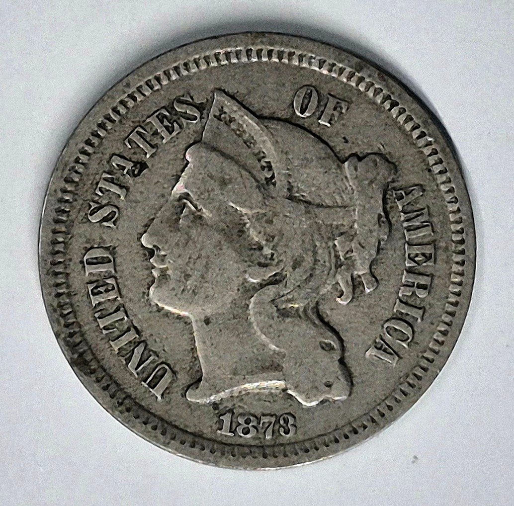 1873 3 Cent Nickel Very Good Features Closed "3" Full Liberty Partial Pillars