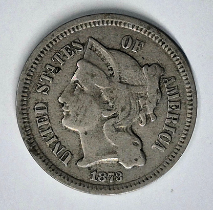 1873 3 Cent Nickel Very Good Features Closed "3" Full Liberty Partial Pillars