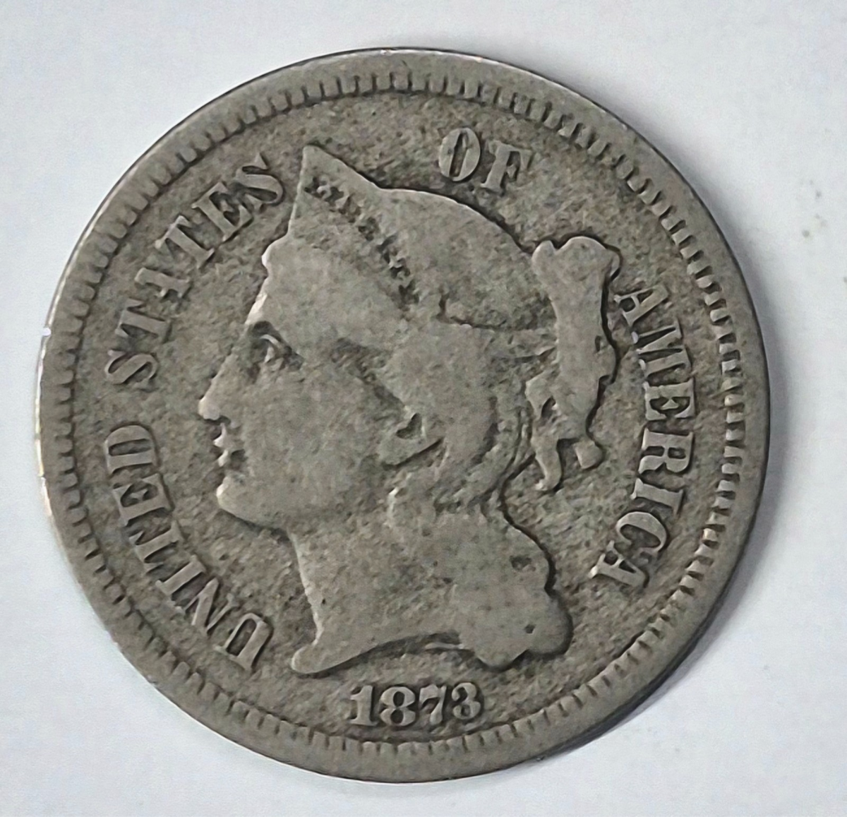 1873 3 Cent Nickel Very Good Features Closed "3" Full Liberty Partial Pillars