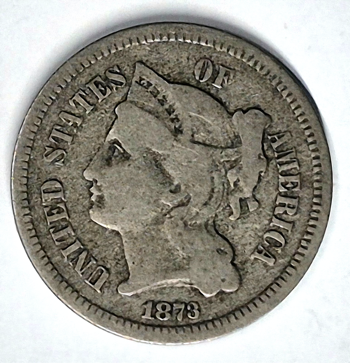1873 3 Cent Nickel Very Good Features Closed "3" Full Liberty Partial Pillars