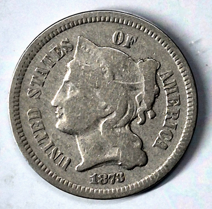 1873 3 Cent Nickel Very Good Features Closed "3" Full Liberty Partial Pillars