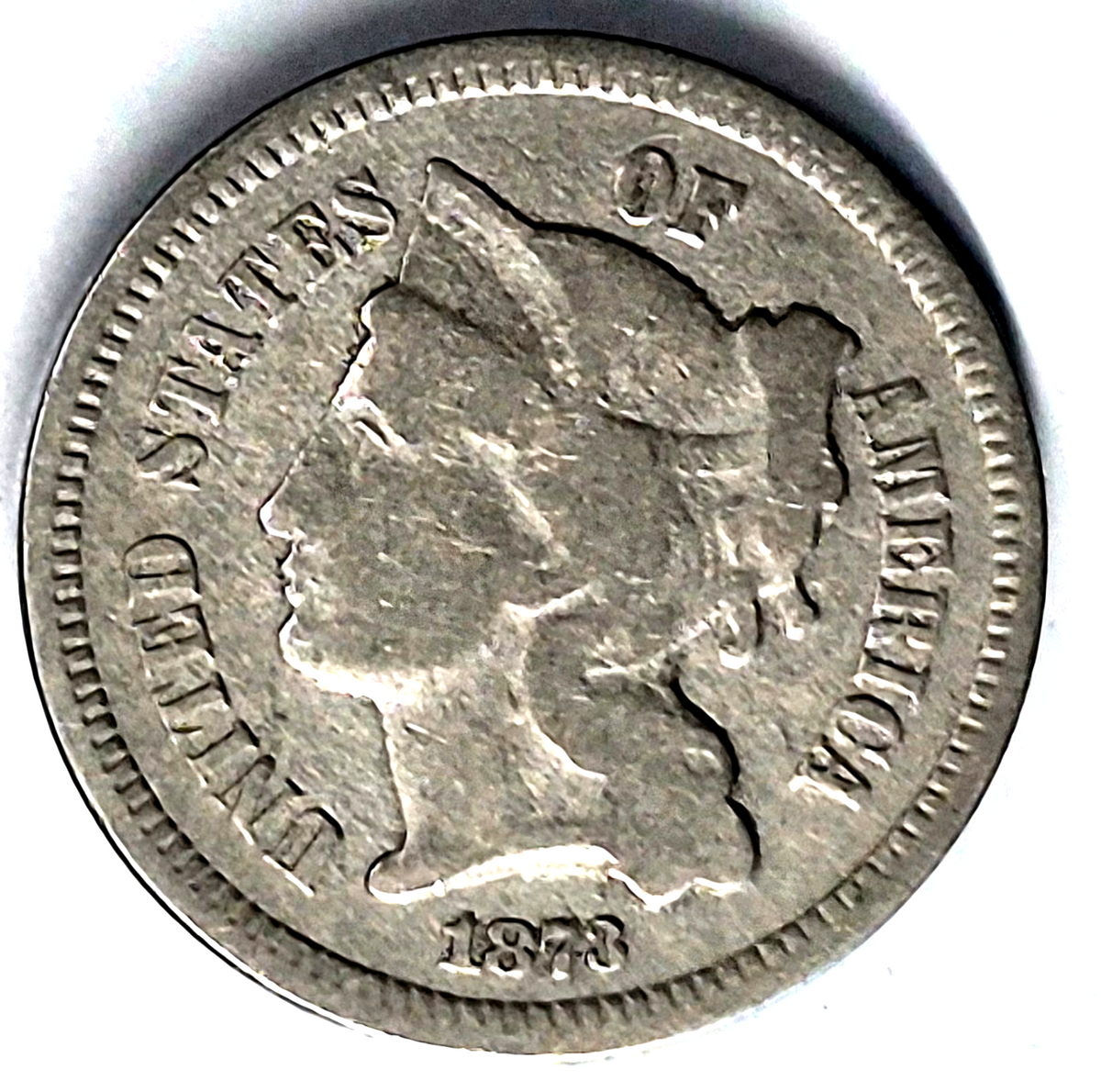 1873 3 Cent Nickel Very Good Features Closed "3" Full Liberty Partial Pillars