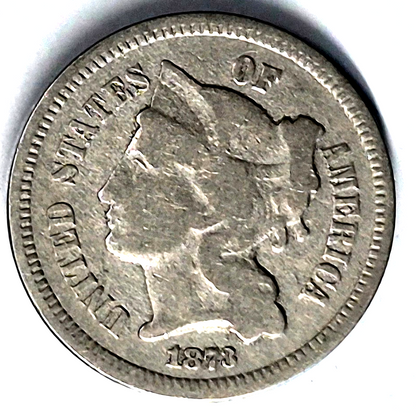 1873 3 Cent Nickel Very Good Features Closed "3" Full Liberty Partial Pillars