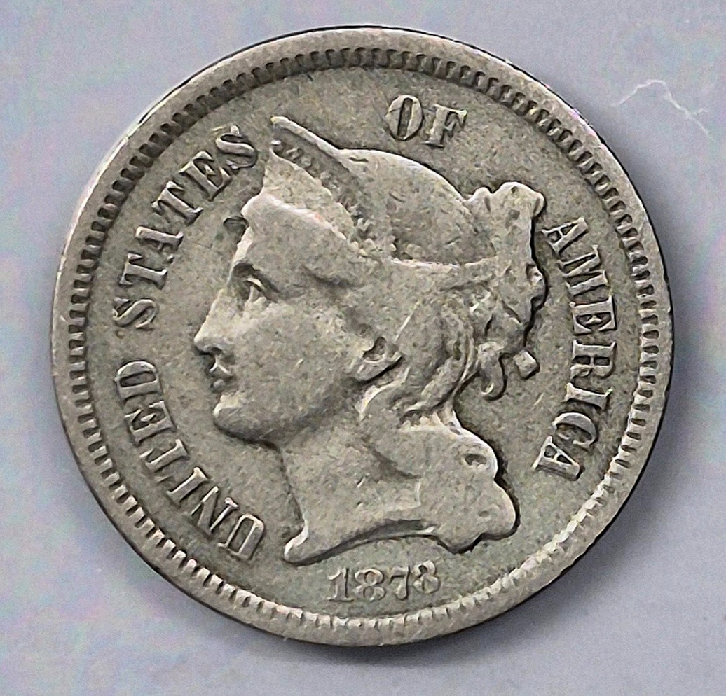1873 3 Cent Nickel Very Good Features Closed "3" Full Liberty Partial Pillars
