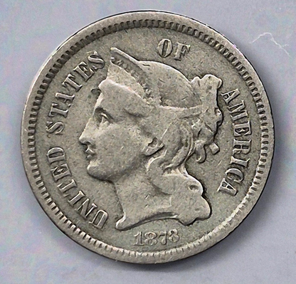 1873 3 Cent Nickel Very Good Features Closed "3" Full Liberty Partial Pillars