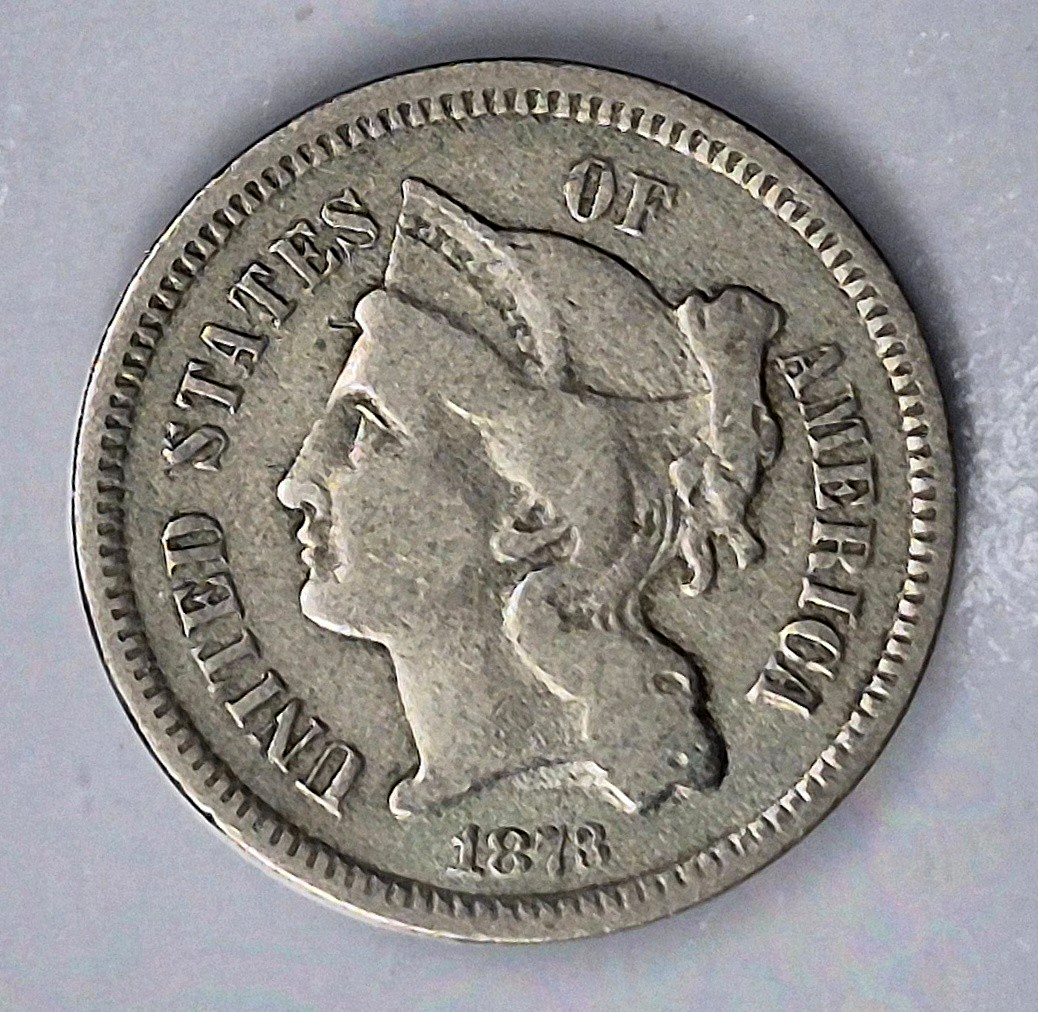 1873 3 Cent Nickel Very Good Features Closed "3" Full Liberty Partial Pillars