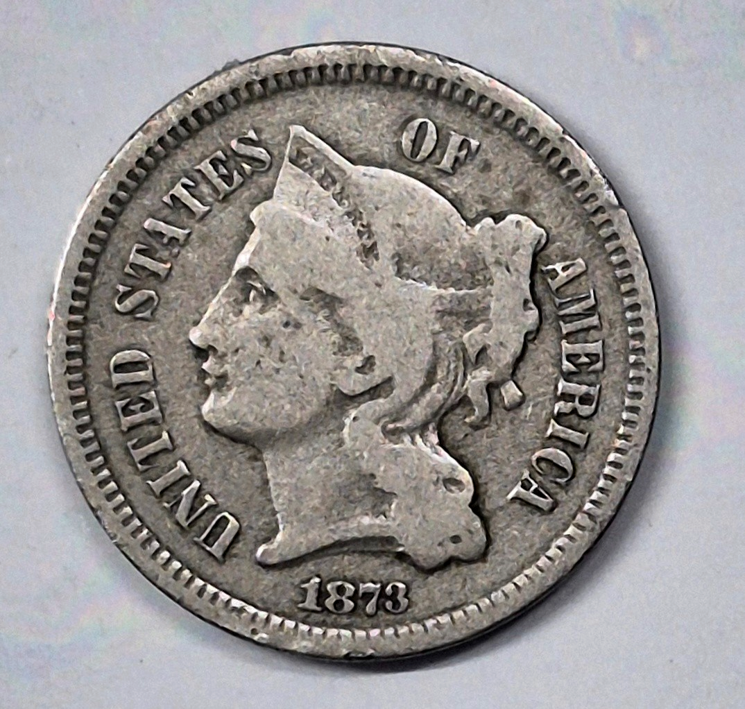 1873 3 Cent Nickel Very Good Features Closed "3" Full Liberty Partial Pillars