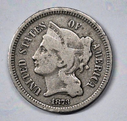 1873 3 Cent Nickel Very Good Features Closed "3" Full Liberty Partial Pillars