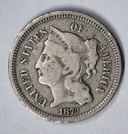 1873 3 Cent Nickel Very Good Features Closed "3" Full Liberty Partial Pillars