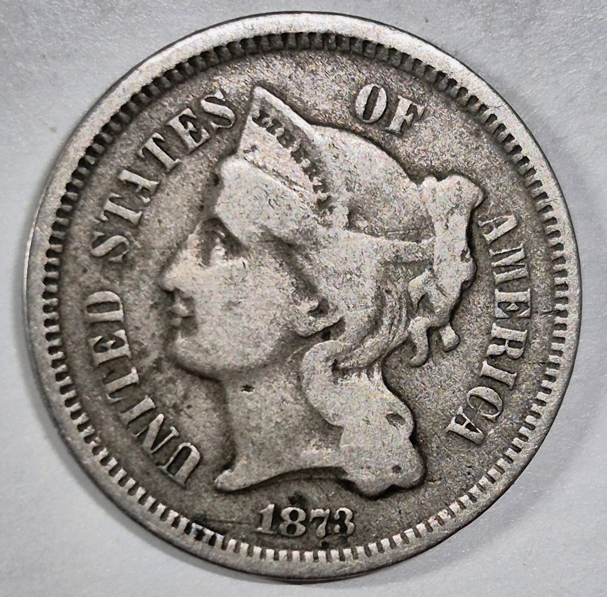 1873 3 Cent Nickel Very Good Features Closed "3" Full Liberty Partial Pillars