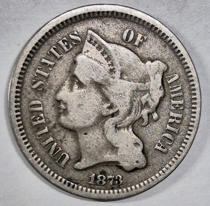 1873 3 Cent Nickel Very Good Features Closed "3" Full Liberty Partial Pillars