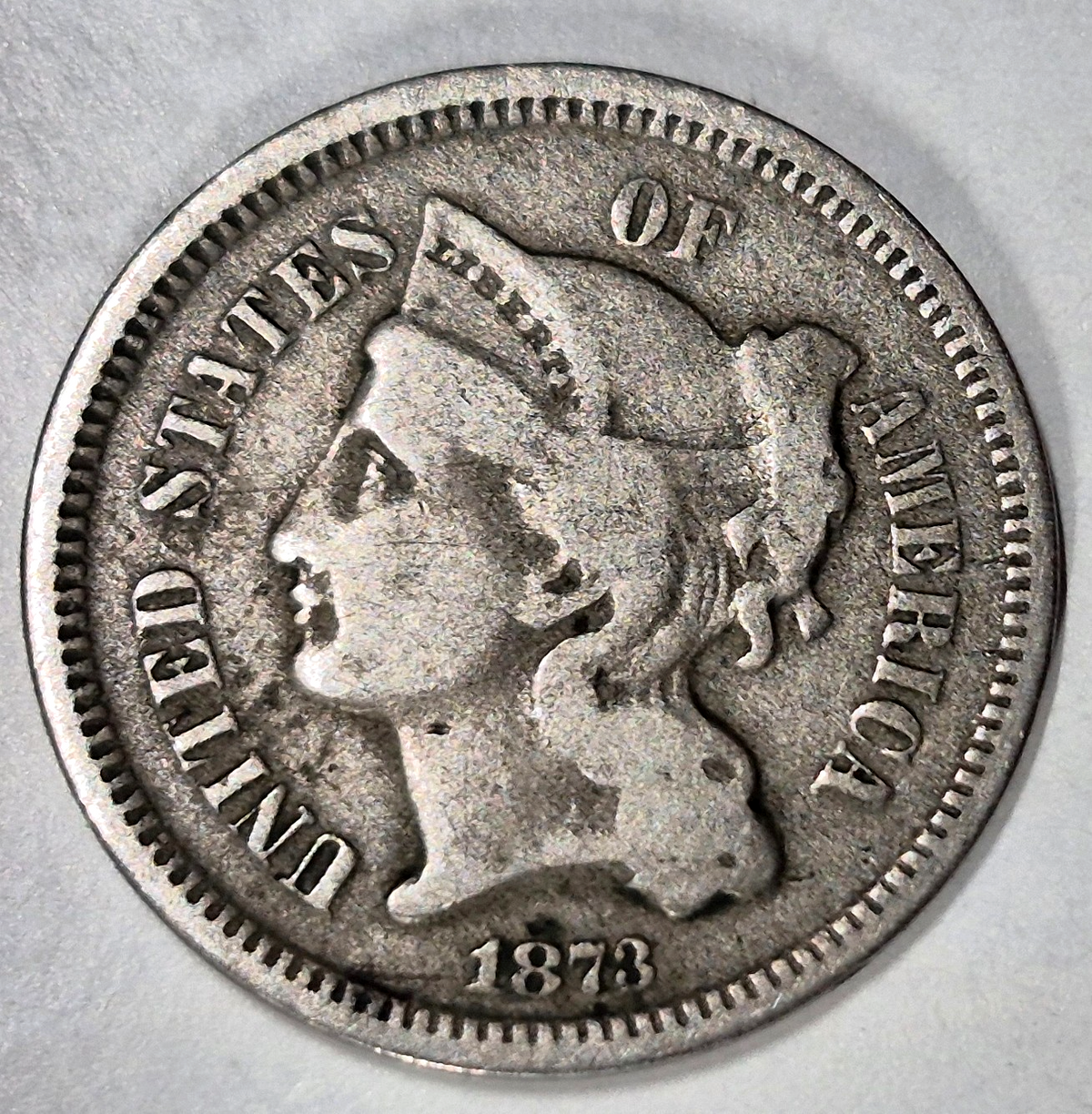 1873 3 Cent Nickel Very Good Features Closed "3" Full Liberty Partial Pillars