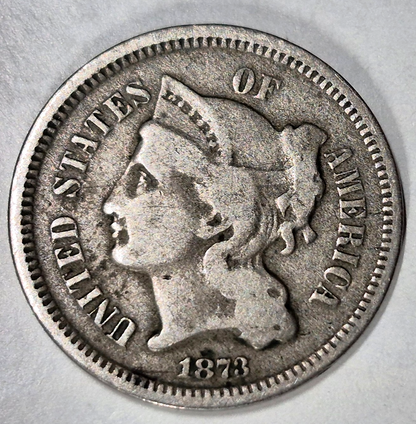 1873 3 Cent Nickel Very Good Features Closed "3" Full Liberty Partial Pillars