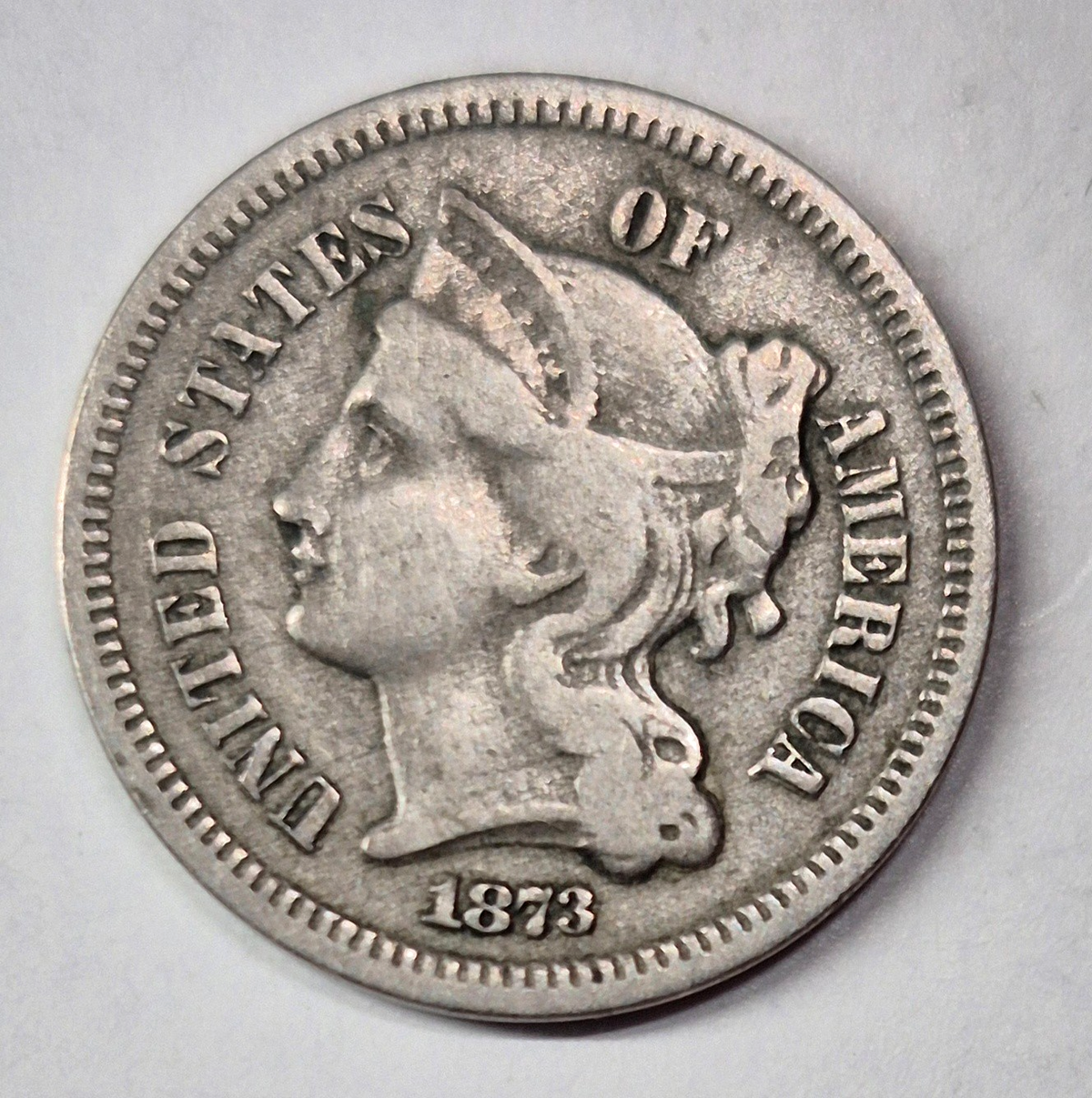 1873 3 Cent Nickel Very Good Features Open "3" Full Liberty Partial Pillars