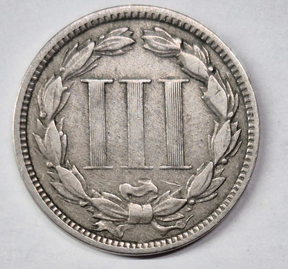 1873 3 Cent Nickel Very Good Features Open "3" Full Liberty Partial Pillars