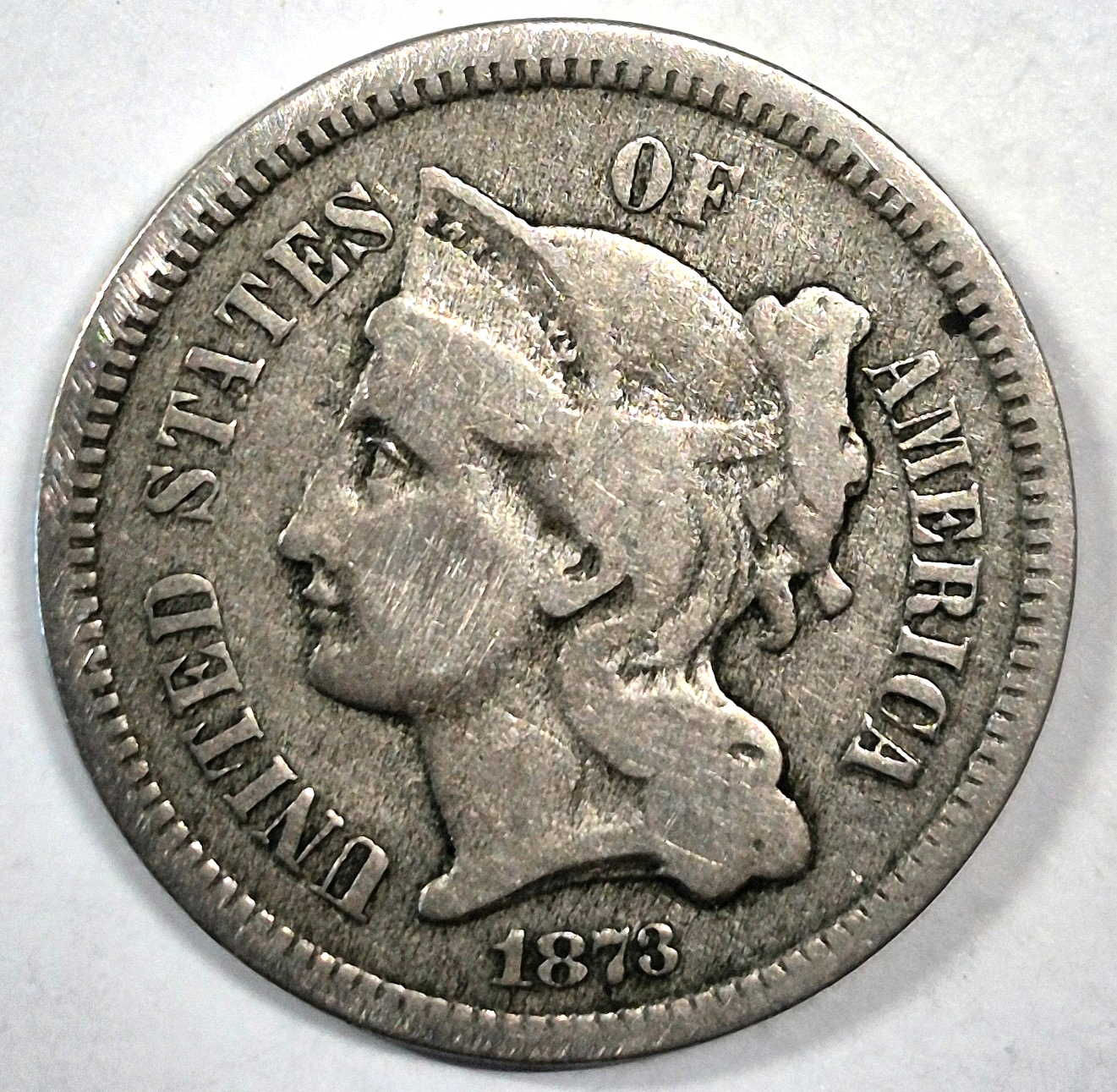 1873 3 Cent Nickel VG-F Features Closed "3" Partial Liberty 90% Pillars