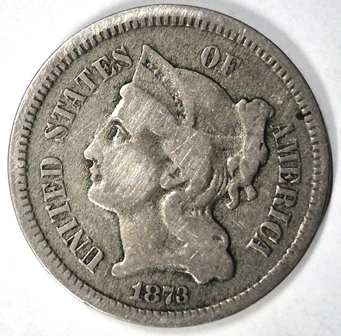 1873 3 Cent Nickel VG-F Features Closed "3" Partial Liberty 90% Pillars