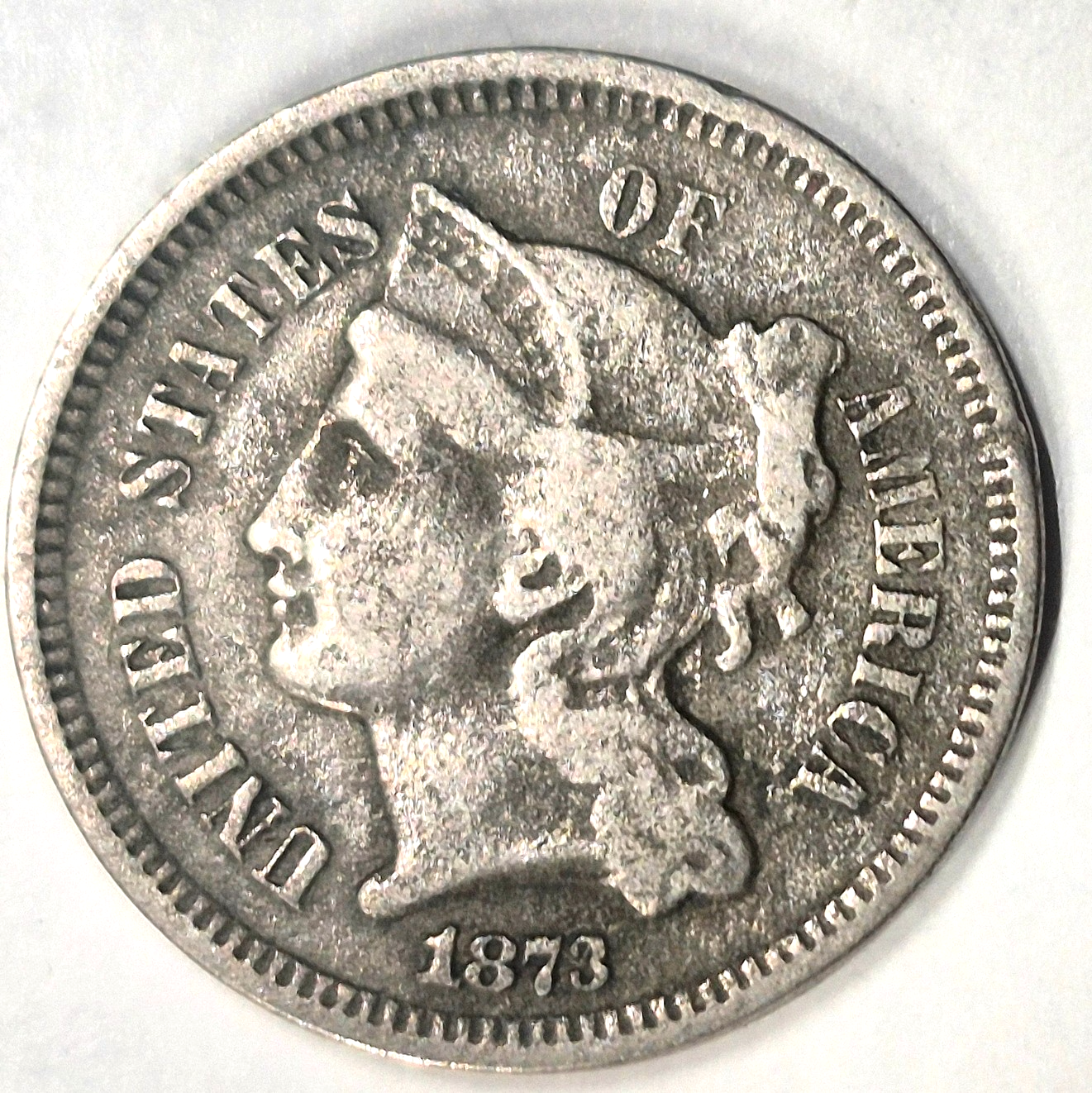 1873 3 Cent Nickel VG-F Features Closed "3" Partial Liberty 90% Pillars