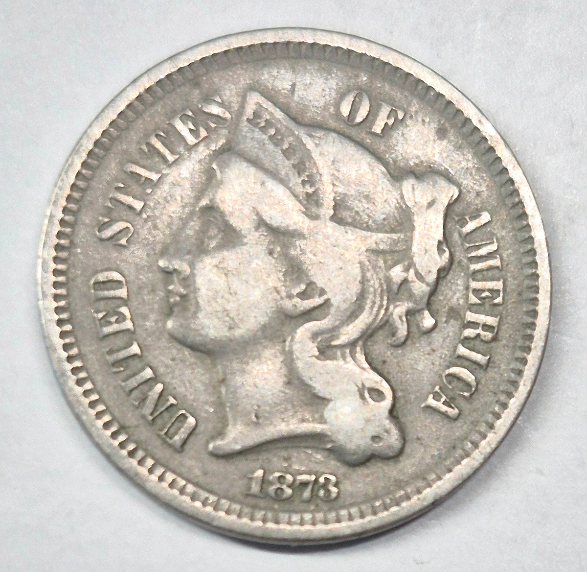 1873 3 Cent Nickel VG-F Features Closed "3" Full Liberty, 90% Pillars 3C