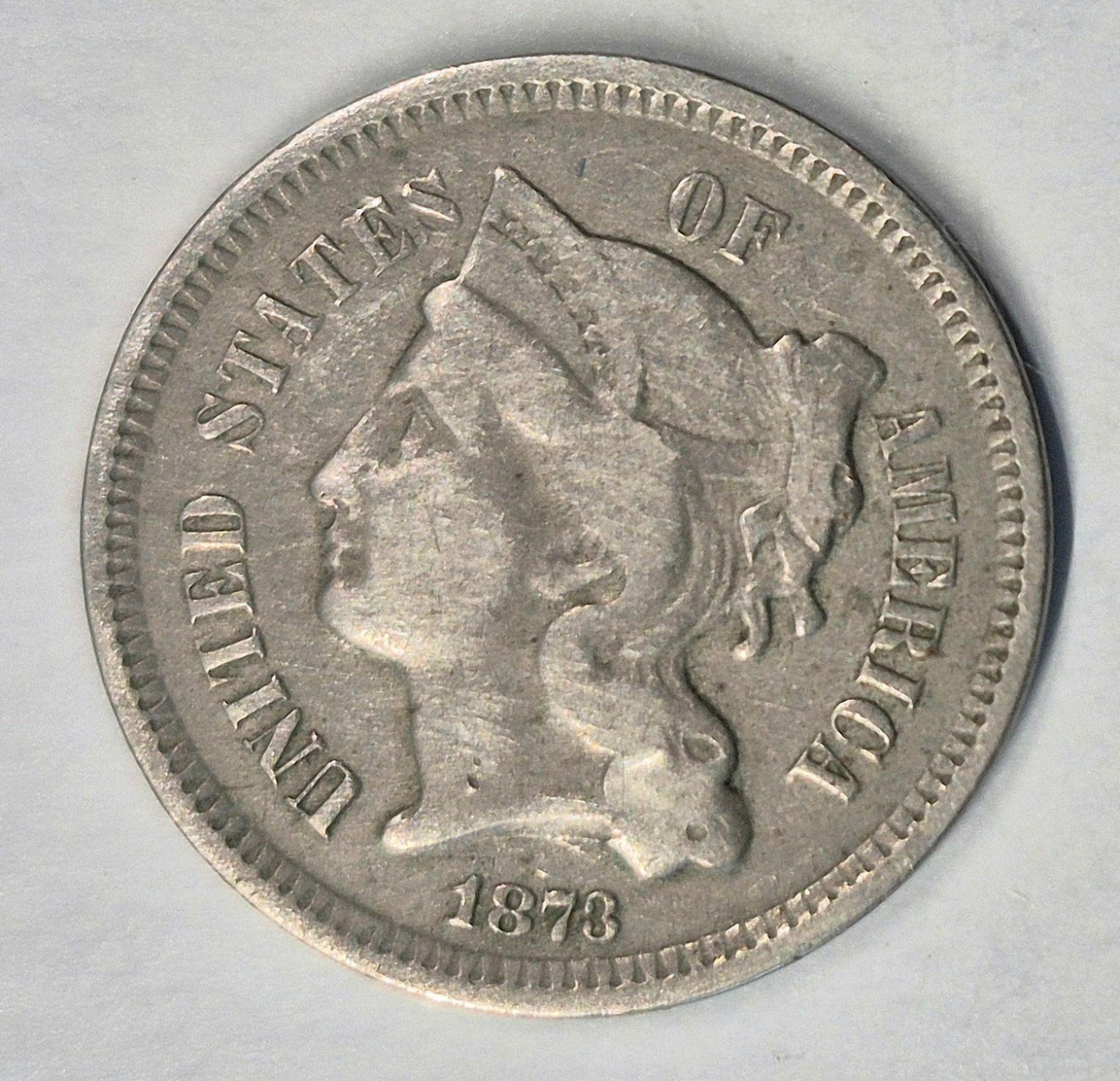 1873 3 Cent Nickel VG-F Features Closed "3" Full Liberty, 90% Pillars 3C