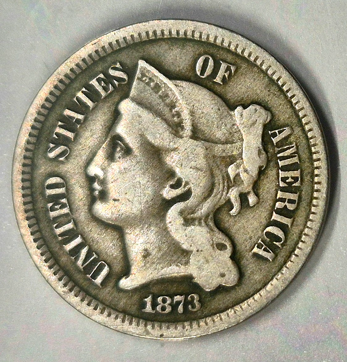 1873 3 Cent Nickel VG-F Features Open "3" Full Liberty, 90% Pillars 3C