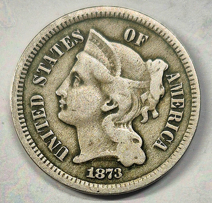 1873 3 Cent Nickel VG-F Features Open "3" Full Liberty, 90% Pillars 3C