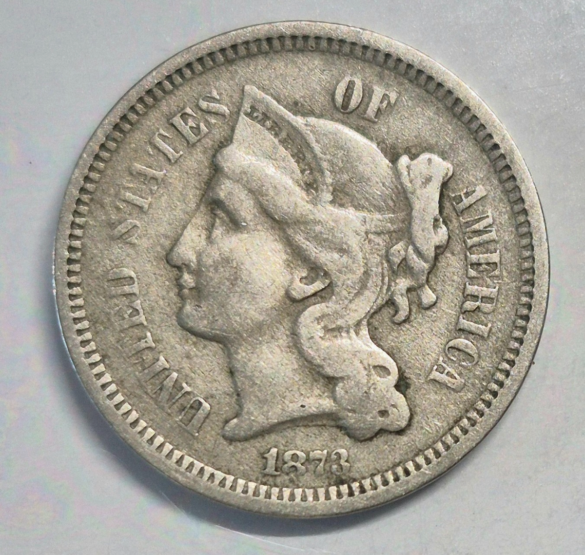 1873 3 Cent Nickel VG-F Features Open "3" Full Liberty, 90% Pillars 3C