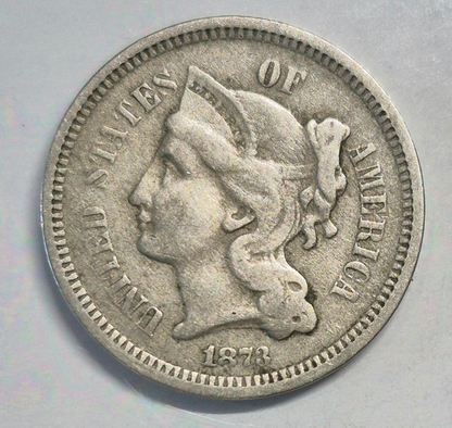 1873 3 Cent Nickel VG-F Features Open "3" Full Liberty, 90% Pillars 3C