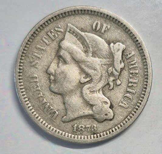 1873 3 Cent Nickel VG-F Features Open "3" Full Liberty, 90% Pillars 3C