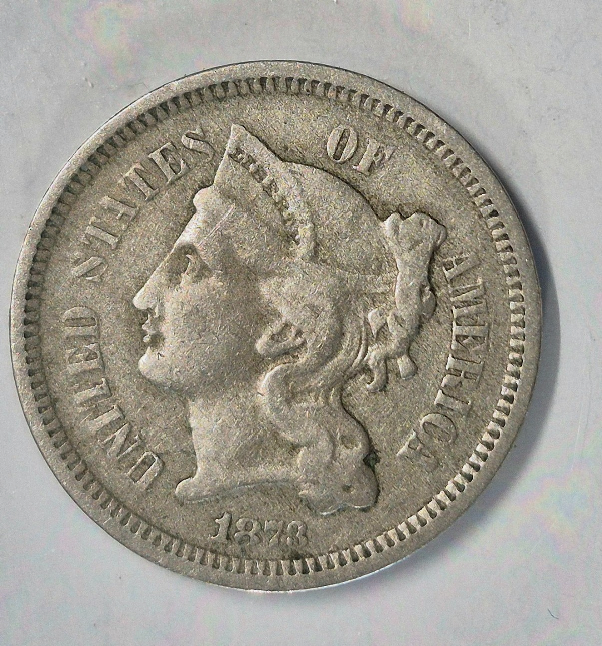 1873 3 Cent Nickel VG-F Features Open "3" Full Liberty, 90% Pillars 3C