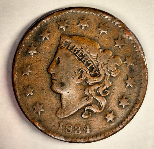 1834 Large Cent,N-2 R-1 Small 8 Large Star Medium Letters VF Features Item Shown