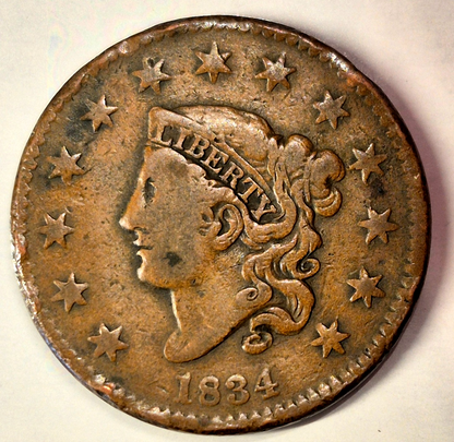 1834 Large Cent,N-2 R-1 Small 8 Large Star Medium Letters VF Features Item Shown