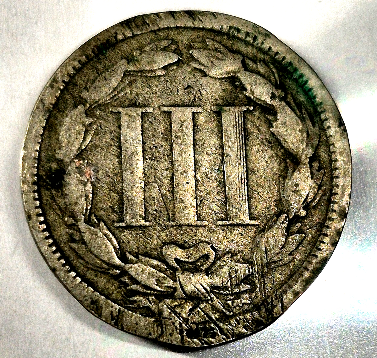 1868 3 Cent Nickel Good Features Full Liberty Partial Pillars Hole Filler US 3C