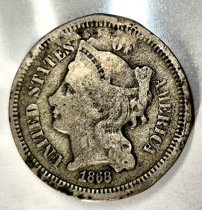 1868 3 Cent Nickel Good Features Full Liberty Partial Pillars Hole Filler US 3C