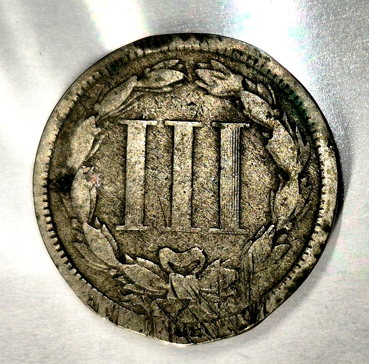 1868 3 Cent Nickel Good Features Full Liberty Partial Pillars Hole Filler US 3C