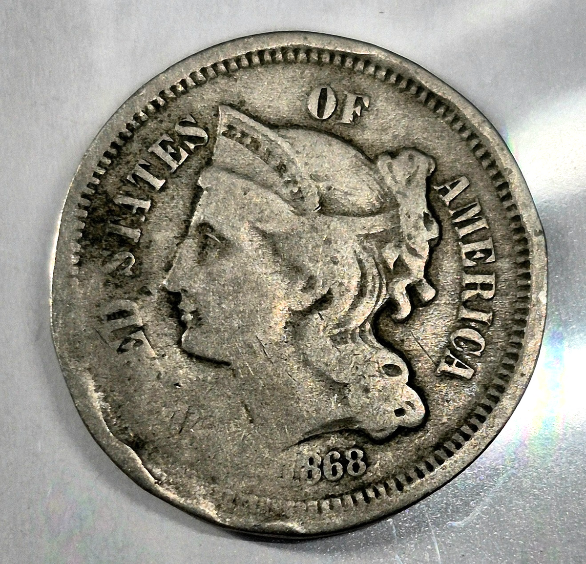 1868 3 Cent Nickel Good Features Full Liberty Partial Pillars Hole Filler US 3C