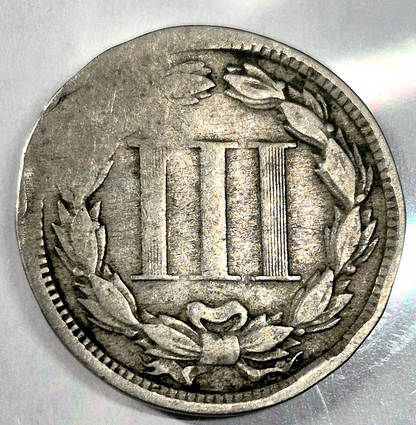 1868 3 Cent Nickel Good Features Full Liberty Partial Pillars Hole Filler US 3C