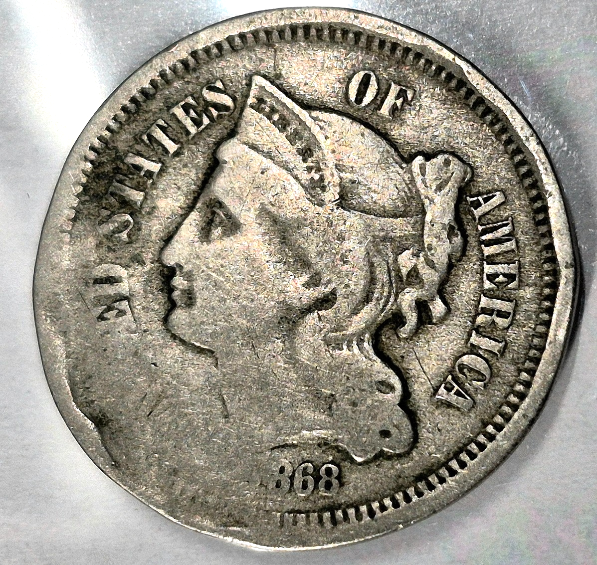 1868 3 Cent Nickel Good Features Full Liberty Partial Pillars Hole Filler US 3C