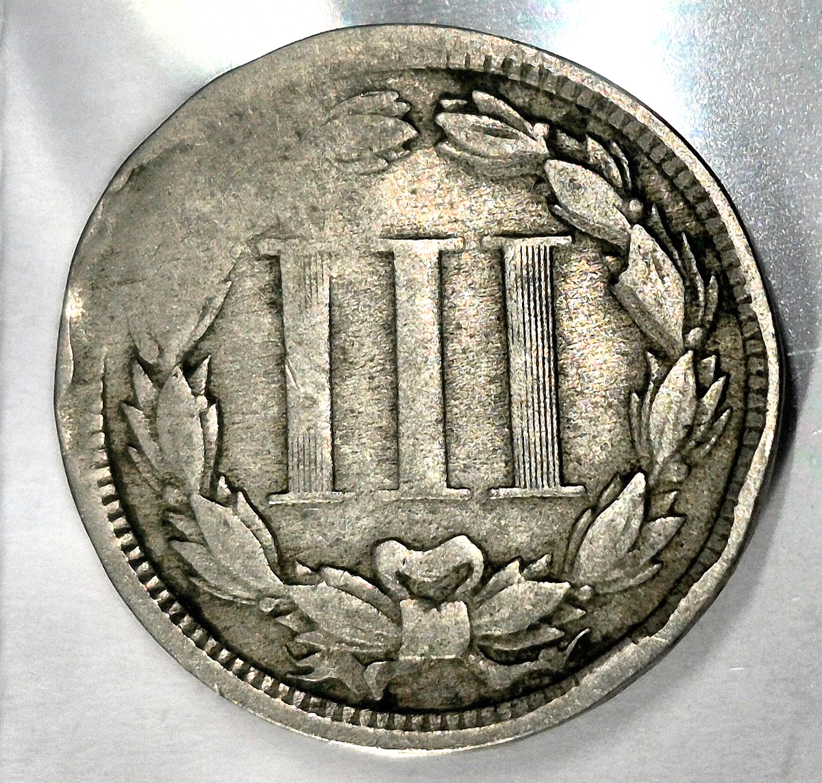 1868 3 Cent Nickel Good Features Full Liberty Partial Pillars Hole Filler US 3C