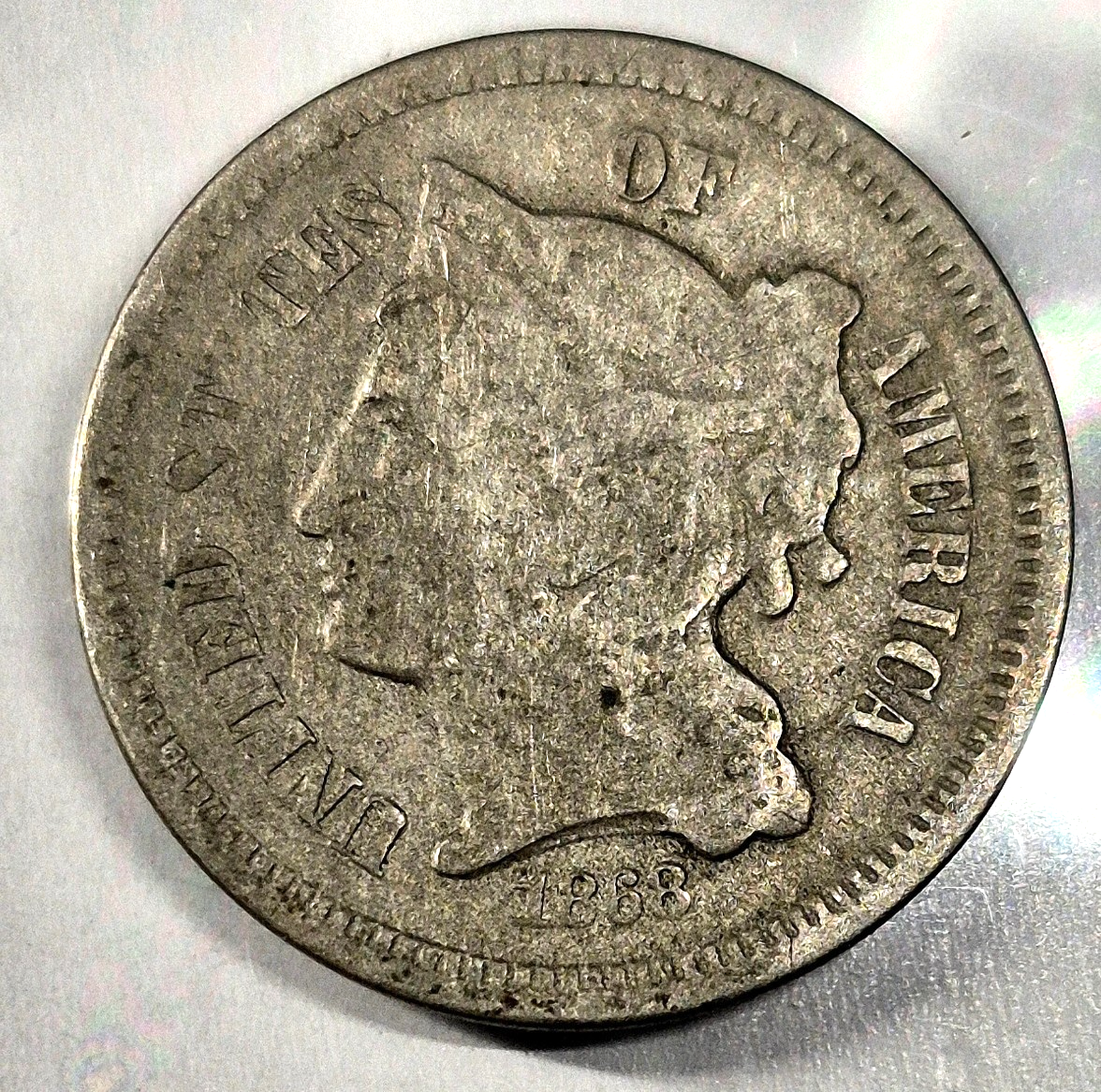 1868 3 Cent Nickel Good Features Full Liberty Partial Pillars Hole Filler US 3C