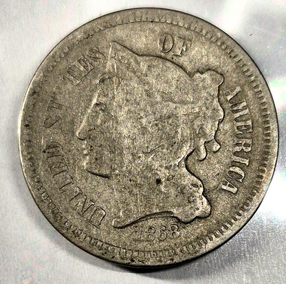 1868 3 Cent Nickel Good Features Full Liberty Partial Pillars Hole Filler US 3C