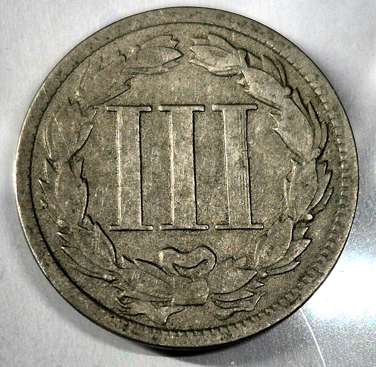1868 3 Cent Nickel Good Features Full Liberty Partial Pillars Hole Filler US 3C